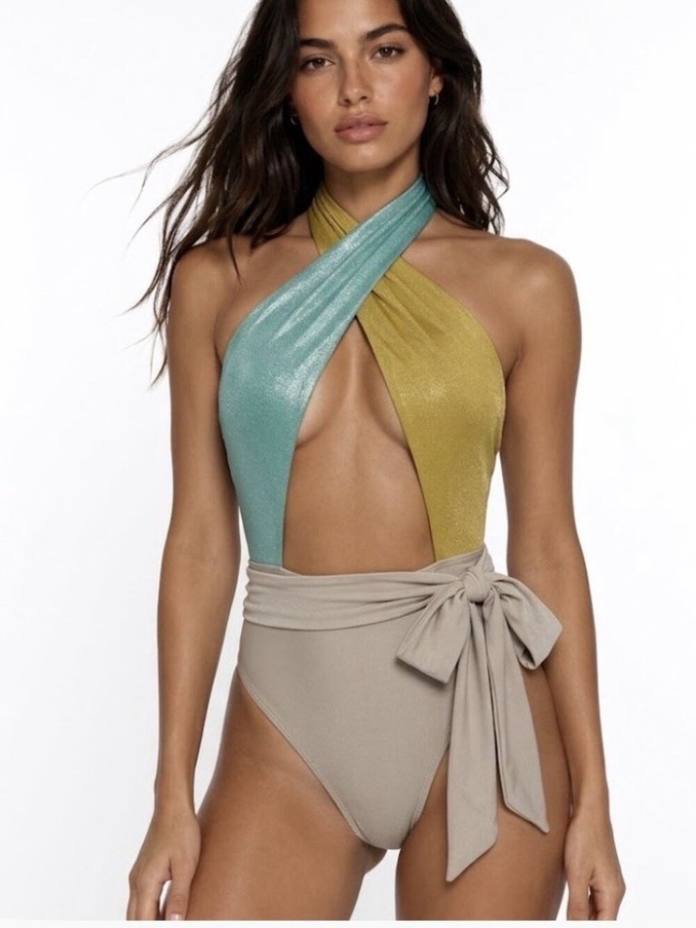 NWT PQ Swim Women's S Alex One Piece Halter Swimsuit Teal Gold $134 MSRP